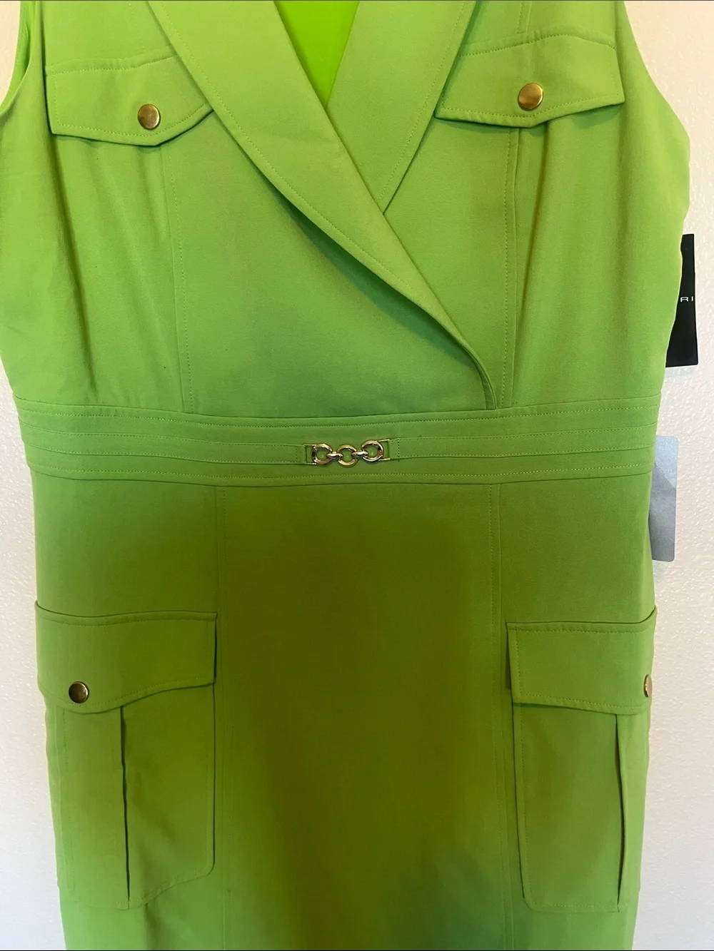 Tahari ASL Bright Green Sleeveless Notched Sheath Dress - Picture 4 of 8